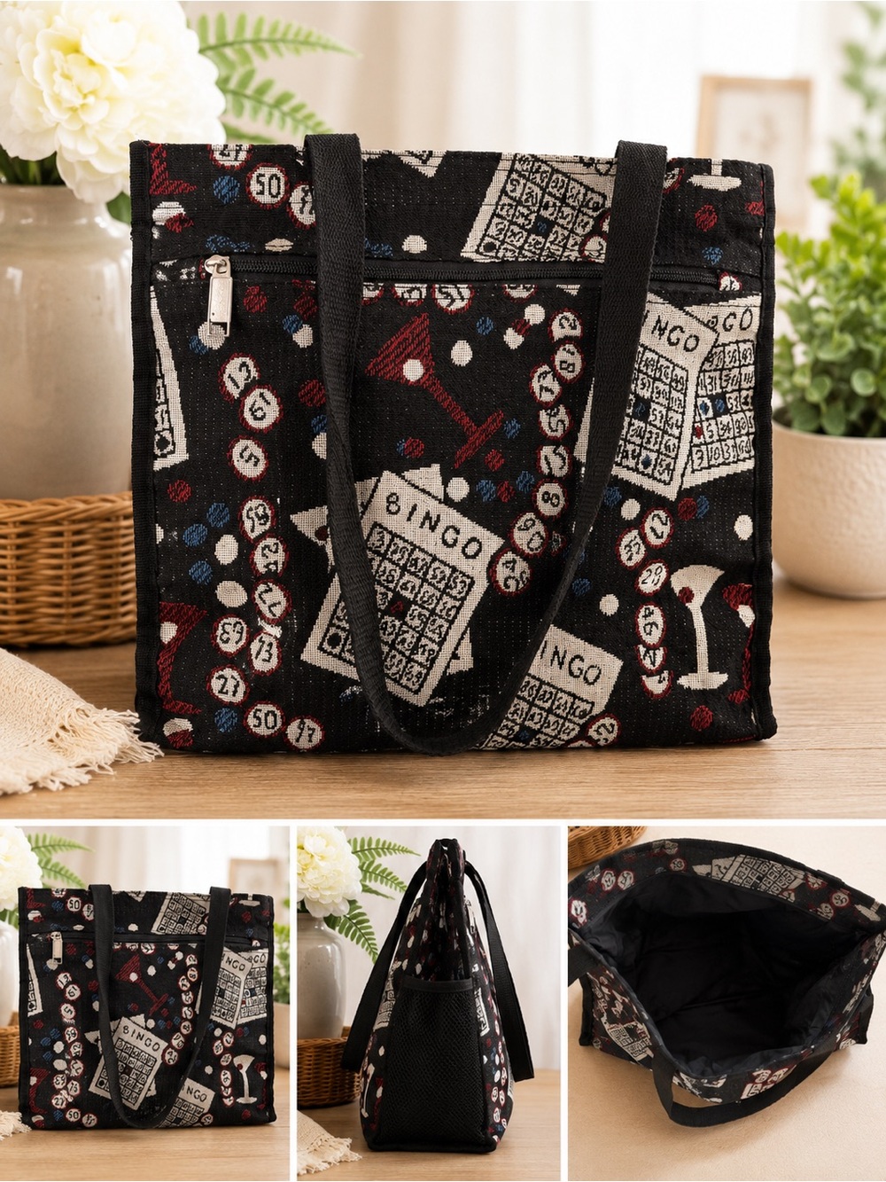 Vintage Bingo Tapestry Print Purse Shoulder Bag Black Canvas Tote Bag